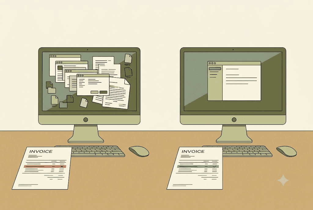 Two scenes: on the left, an invoice with a crossed-out AI line item beside a monitor showing a cluttered, disorganised screen of overlapping windows; on the right, the same invoice with a ticked line item beside a monitor showing a single clean, organised window.