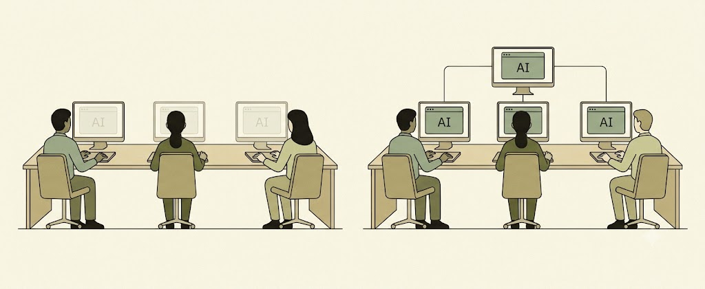 Two scenes of the same three people at desks: on the left, each screen shows faint, disconnected AI activity; on the right, the same screens show solid AI activity all connected up to one shared central hub monitor.