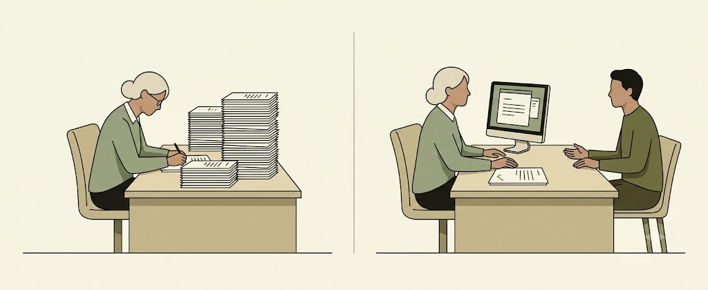 Two scenes of the same senior accountant: on the left she is buried under a tall stack of repetitive documents; on the right the stack is gone, a monitor has done the first pass, and she is in a relaxed advisory conversation with a client across the desk.