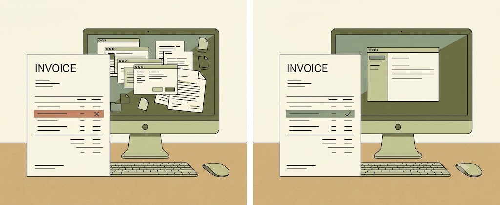 Two scenes: on the left, an invoice with a crossed-out AI line item beside a monitor showing a cluttered, disorganised screen of overlapping windows; on the right, the same invoice with a ticked line item beside a monitor showing a single clean, organised window.