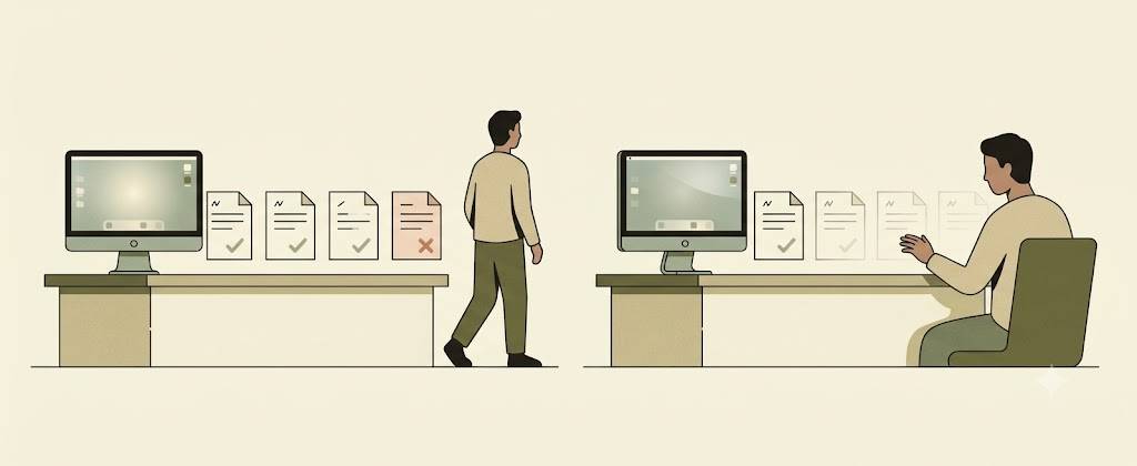 Two scenes: on the left, a monitor's row of output documents drifts from sage-green ticks to a terracotta cross while a person walks away unaware; on the right, the same row stays all ticks because a person sits watching the screen.