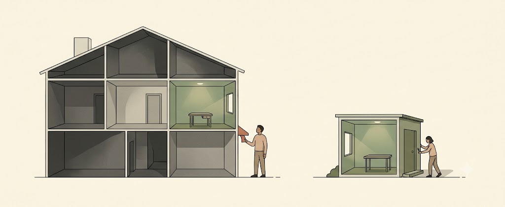Two scenes: on the left, a large multi-room house with only one room lit and in use while a person pays rent outside; on the right, that single room standing alone as a small owned structure.