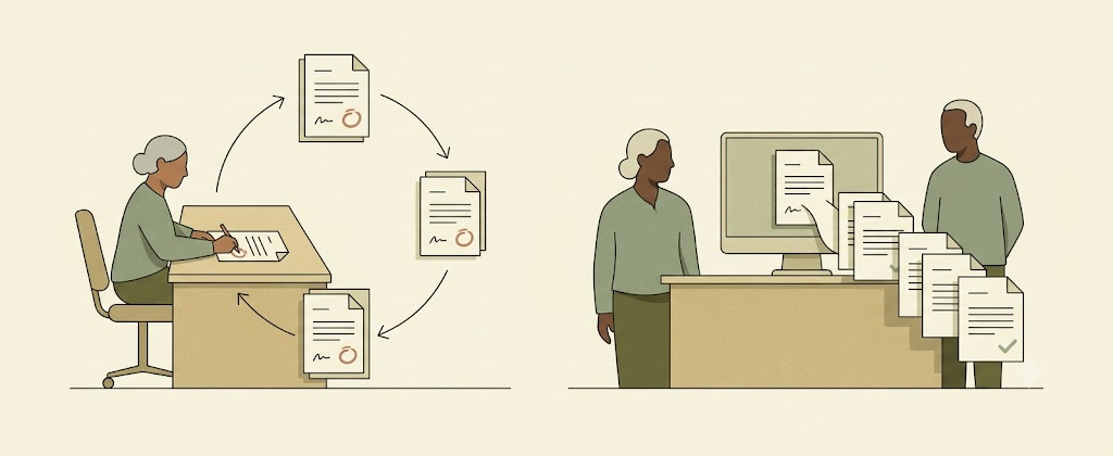 Two scenes: on the left, a senior person at a desk marks the same terracotta correction on a document that loops around to her again and again; on the right, the fix is captured into a central system that outputs a tidy stream of documents each with a sage-green tick.