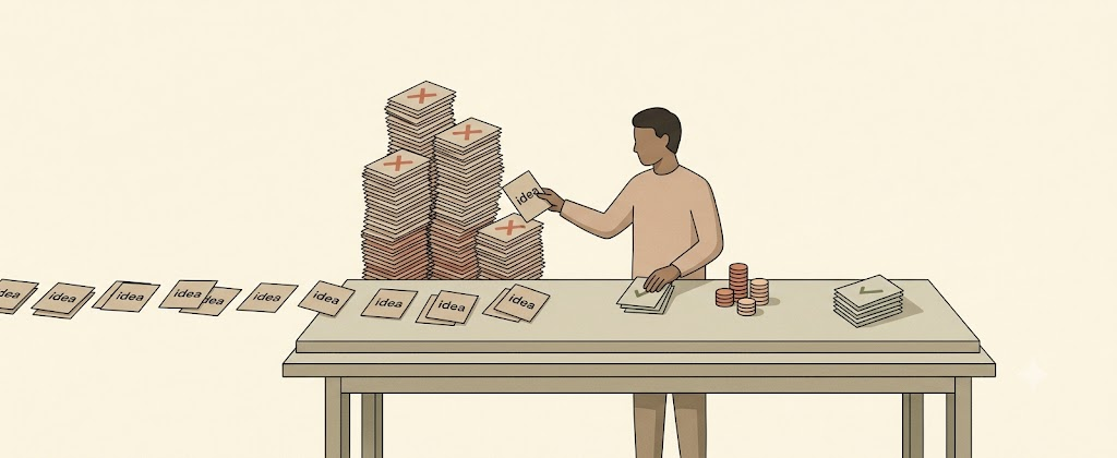 An advisor at a sorting table turning most incoming idea cards into large piles marked with terracotta crosses (don't build) and only a few into a small pile of sage-green ticks (build), with coins nearby for the work being declined.