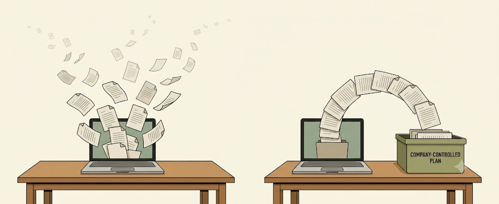 Two desks side by side: on the left, documents scatter upward out of a laptop and disperse; on the right, the same laptop's documents flow in one orderly arc into a bin labeled Company-Controlled Plan.